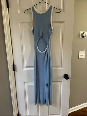 Light Blue Backless Ribbed Maxi Dress with Contrast Trim